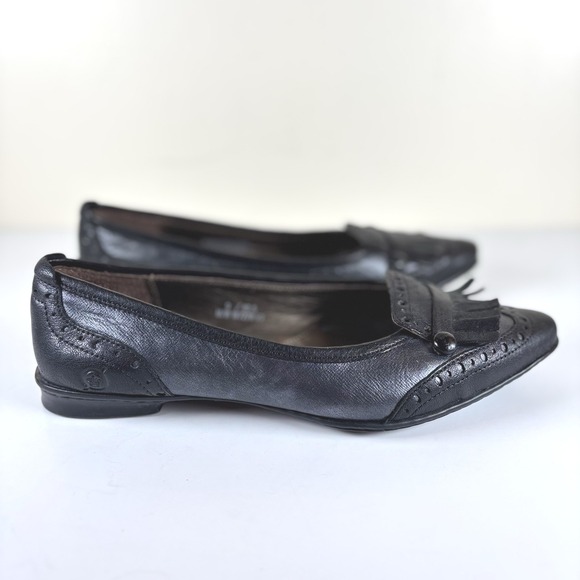 Born Leather Wingtip Loafer Flats Women's 9 M Black Pewter Fringe Kiltie Slip-On - Picture 1 of 12